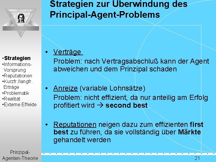 Strategien zur Überwindung des Principal-Agent-Problems • Strategien • Informations. Vorsprung • Reputationen • Kurzfr.