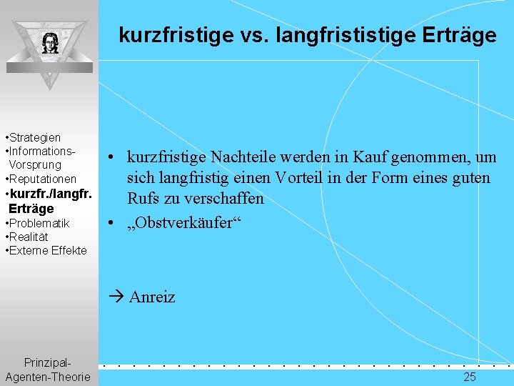 kurzfristige vs. langfrististige Erträge • Strategien • Informations. Vorsprung • Reputationen • kurzfr. /langfr.