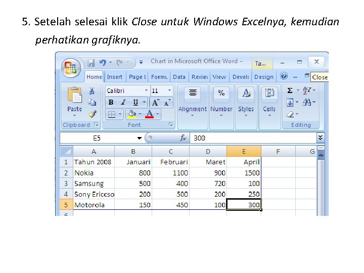 5. Setelah selesai klik Close untuk Windows Excelnya, kemudian perhatikan grafiknya. 