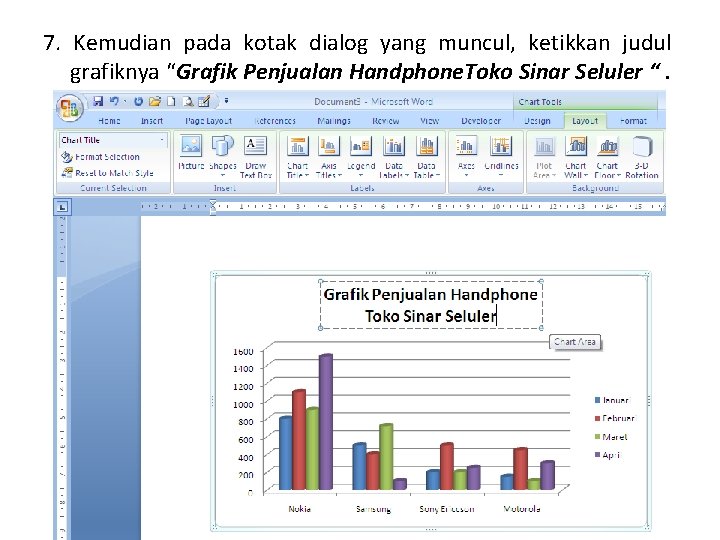 7. Kemudian pada kotak dialog yang muncul, ketikkan judul grafiknya “Grafik Penjualan Handphone. Toko