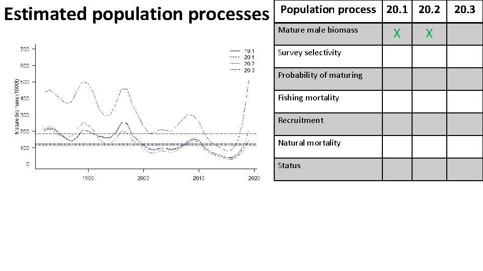 Estimated population processes Population process 20. 1 20. 2 Mature male biomass Survey selectivity