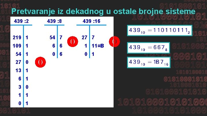 Pretvaranje iz dekadnog u ostale brojne sisteme 439 : 2 439 : 8 219