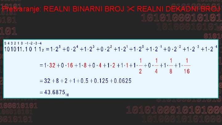 Pretvaranje: REALNI BINARNI BROJ REALNI DEKADNI BROJ 