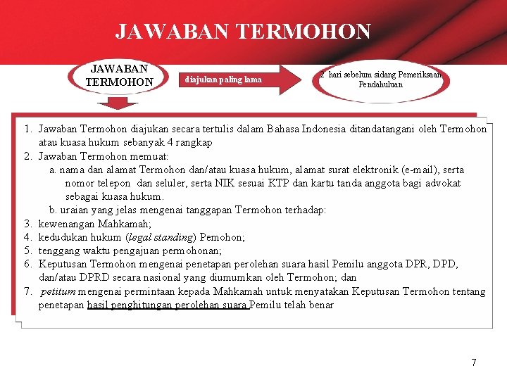 JAWABAN TERMOHON diajukan paling lama 2 hari sebelum sidang Pemeriksaan Pendahuluan 1. Jawaban Termohon