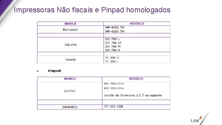 Impressoras Não fiscais e Pinpad homologados 