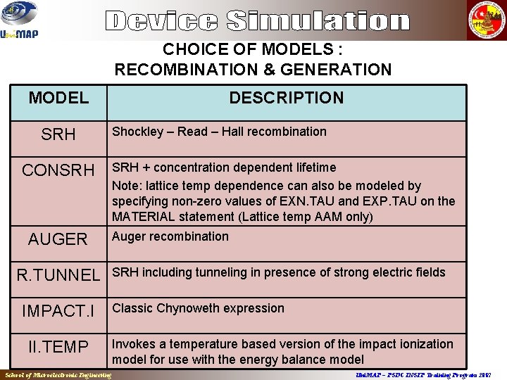 CHOICE OF MODELS : RECOMBINATION & GENERATION MODEL SRH CONSRH AUGER R. TUNNEL IMPACT.