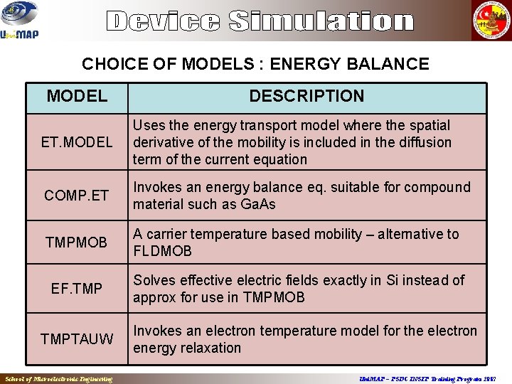 CHOICE OF MODELS : ENERGY BALANCE MODEL DESCRIPTION ET. MODEL Uses the energy transport