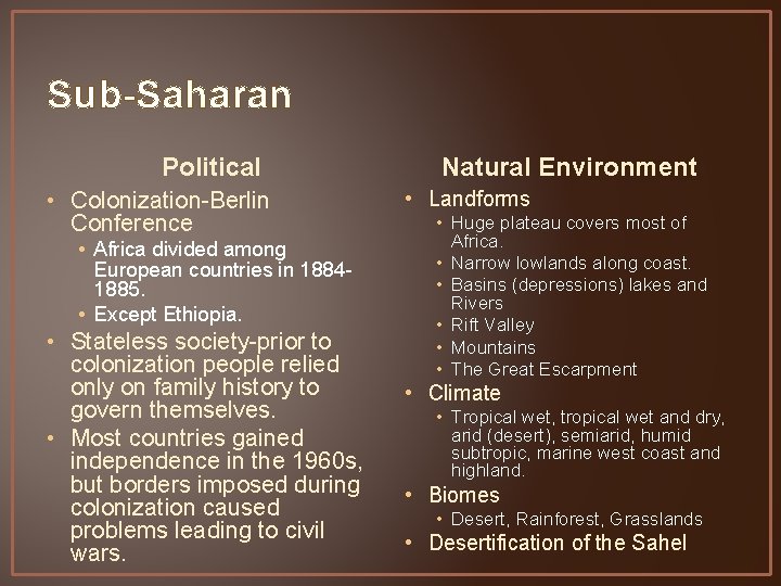 Sub-Saharan Political • Colonization-Berlin Conference • Africa divided among European countries in 18841885. •