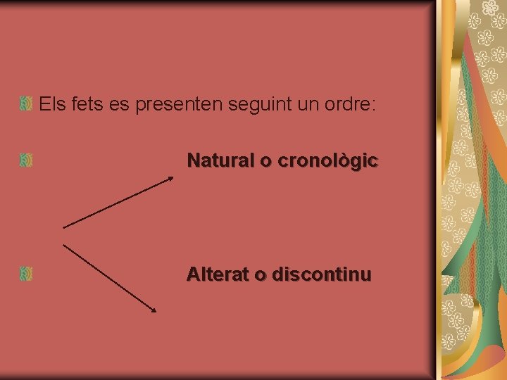 Els fets es presenten seguint un ordre: Natural o cronològic Alterat o discontinu 