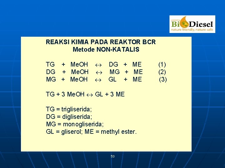 REAKSI KIMIA PADA REAKTOR BCR Metode NON-KATALIS TG + Me. OH DG + ME