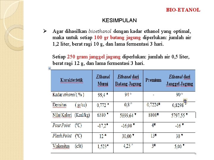 BIO-ETANOL KESIMPULAN Ø Agar dihasilkan bioethanol dengan kadar ethanol yang optimal, maka untuk setiap