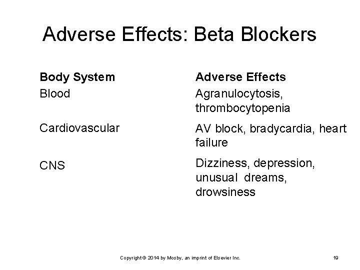 Adverse Effects: Beta Blockers Body System Blood Adverse Effects Agranulocytosis, thrombocytopenia Cardiovascular AV block,