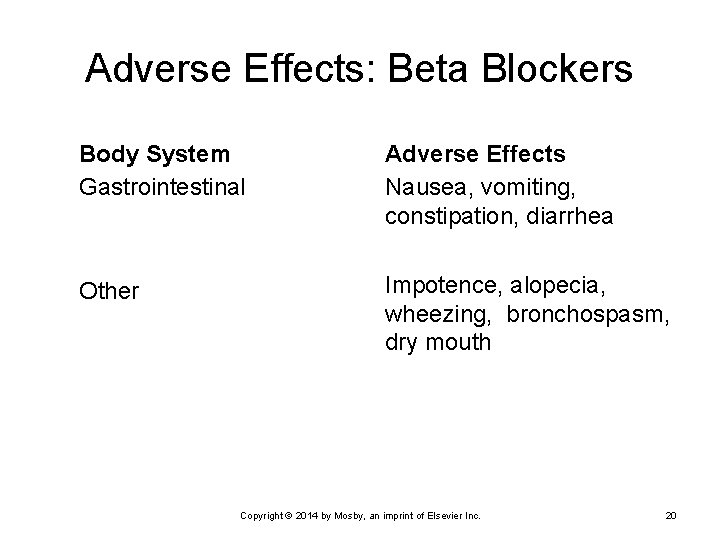 Adverse Effects: Beta Blockers Body System Gastrointestinal Adverse Effects Nausea, vomiting, constipation, diarrhea Other