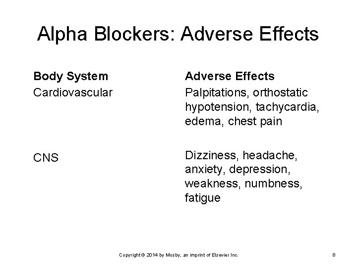 Alpha Blockers: Adverse Effects Body System Cardiovascular Adverse Effects Palpitations, orthostatic hypotension, tachycardia, edema,