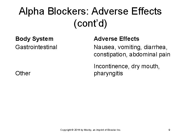 Alpha Blockers: Adverse Effects (cont’d) Body System Gastrointestinal Other Adverse Effects Nausea, vomiting, diarrhea,