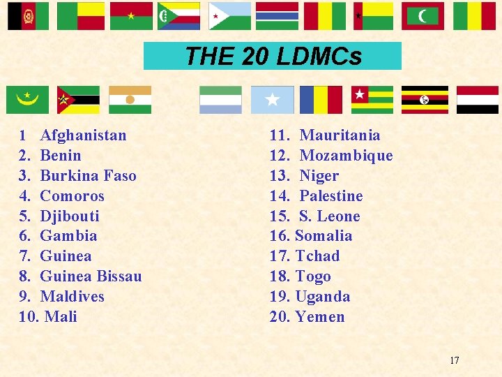 THE 20 LDMCs 1 Afghanistan 2. Benin 3. Burkina Faso 4. Comoros 5. Djibouti