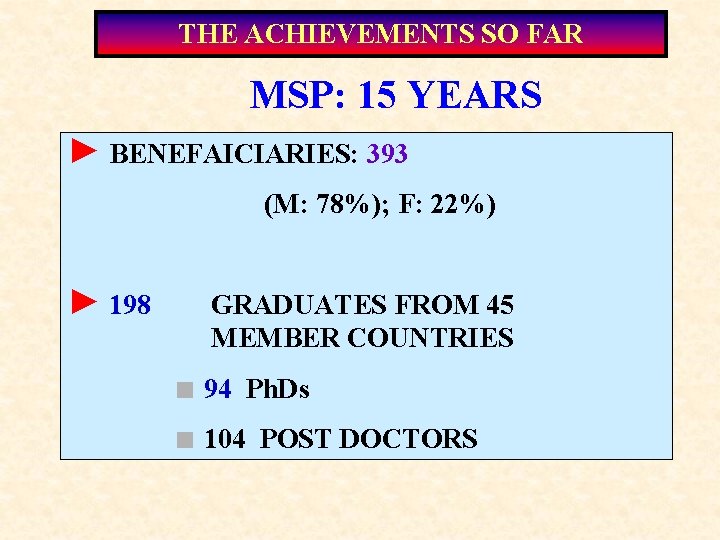 THE ACHIEVEMENTS SO FAR MSP: 15 YEARS ► BENEFAICIARIES: 393 (M: 78%); F: 22%)