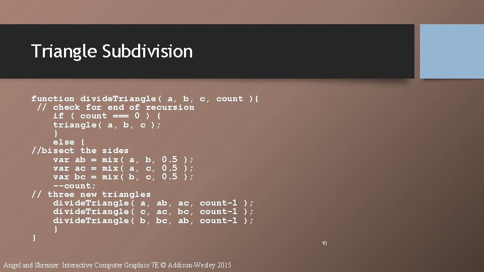 Triangle Subdivision function divide. Triangle( a, b, // check for end of recursion if