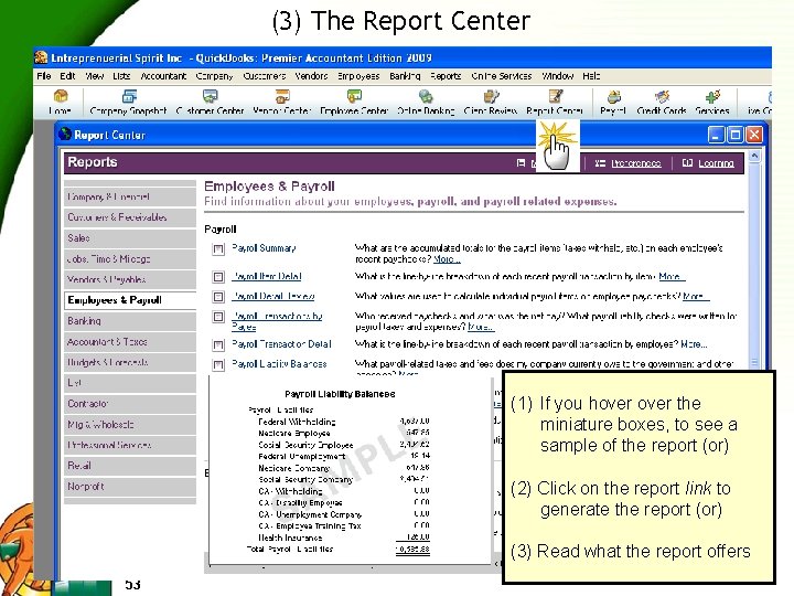 (3) The Report Center (1) If you hover the miniature boxes, to see a