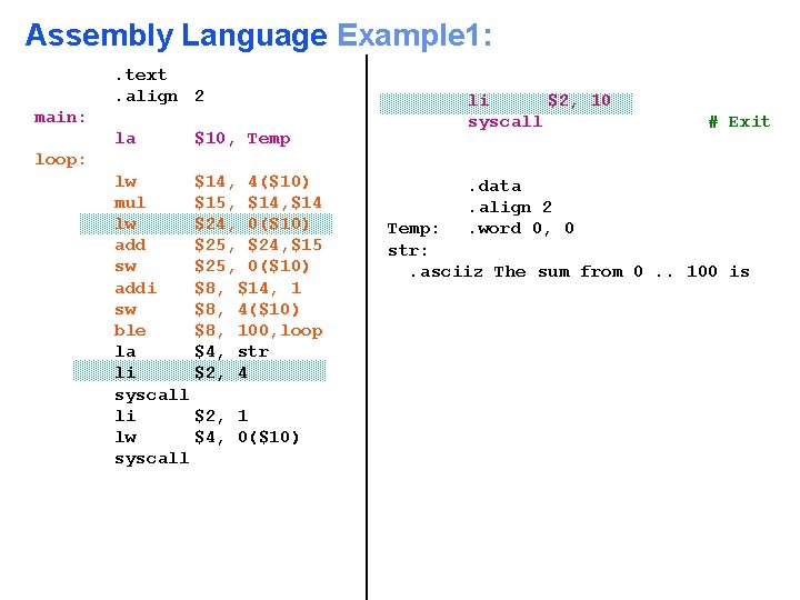 Assembly Language Example 1: . text. align 2 main: la $10, Temp lw mul