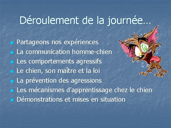 Déroulement de la journée… n n n n Partageons nos expériences La communication homme-chien