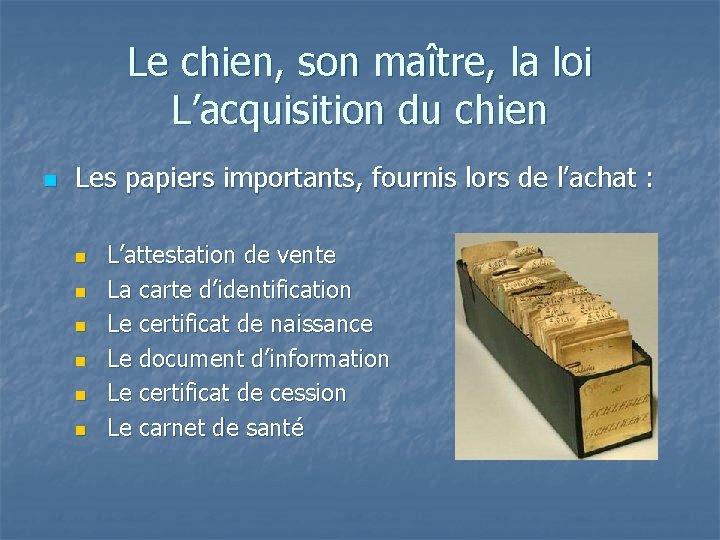 Le chien, son maître, la loi L’acquisition du chien n Les papiers importants, fournis