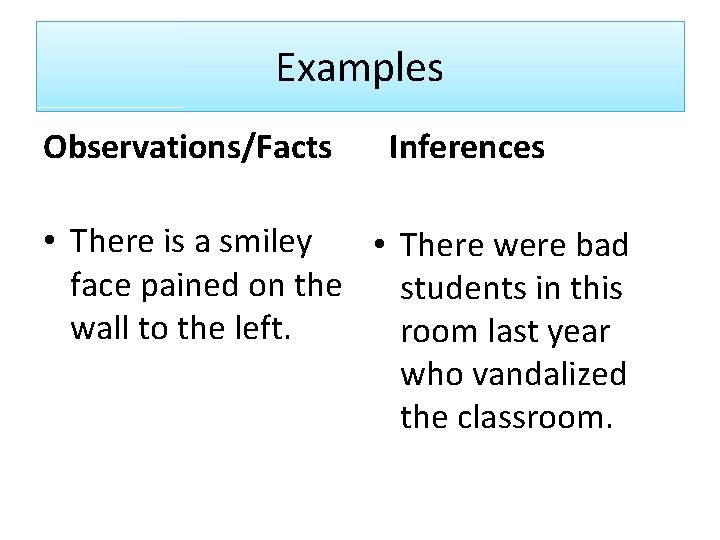 Examples Observations/Facts Inferences • There is a smiley • There were bad face pained Examples Observations/Facts Inferences • There is a smiley • There were bad face pained