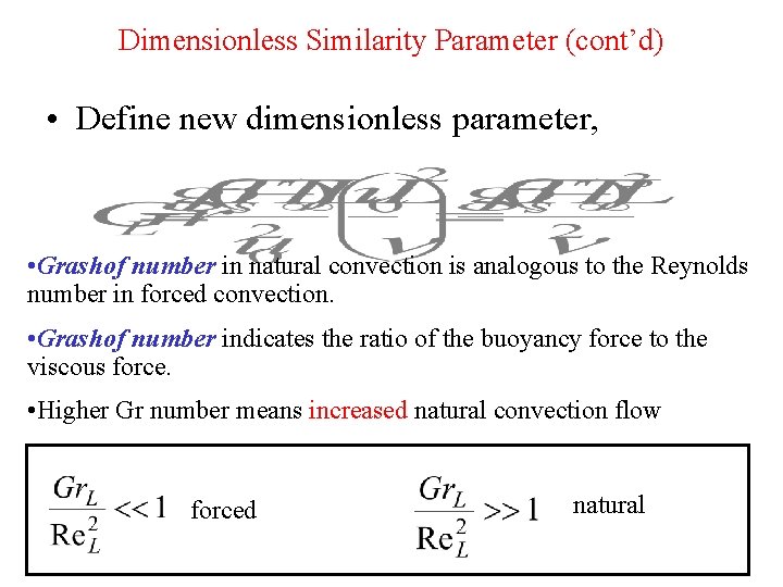 Dimensionless Similarity Parameter (cont’d) • Define new dimensionless parameter, • Grashof number in natural