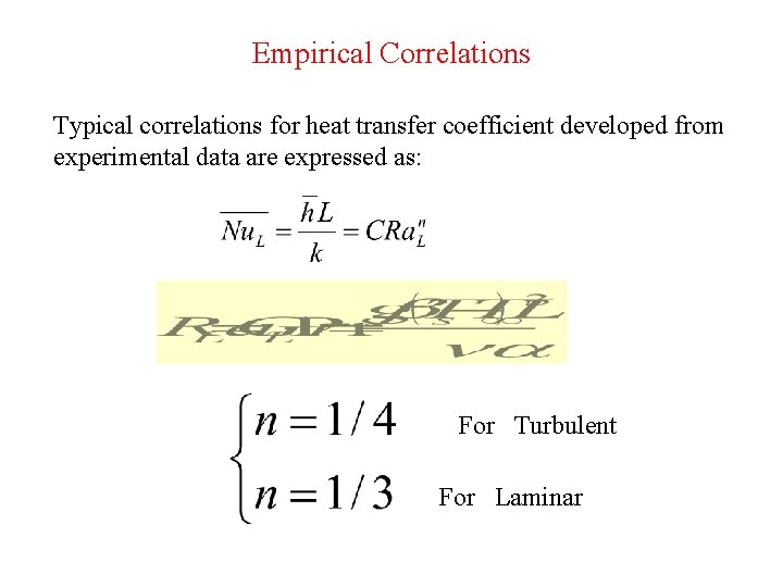 Empirical Correlations Typical correlations for heat transfer coefficient developed from experimental data are expressed
