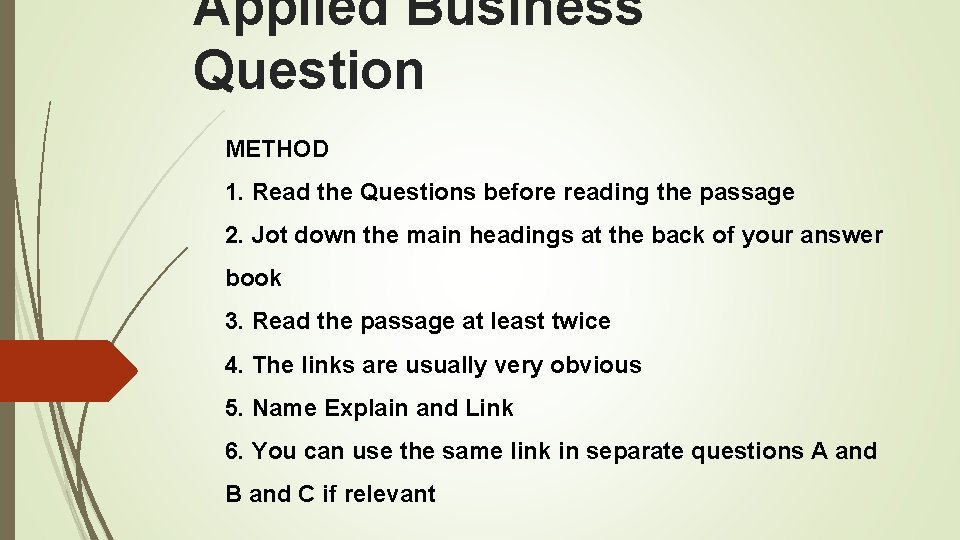 Applied Business Question METHOD 1. Read the Questions before reading the passage 2. Jot