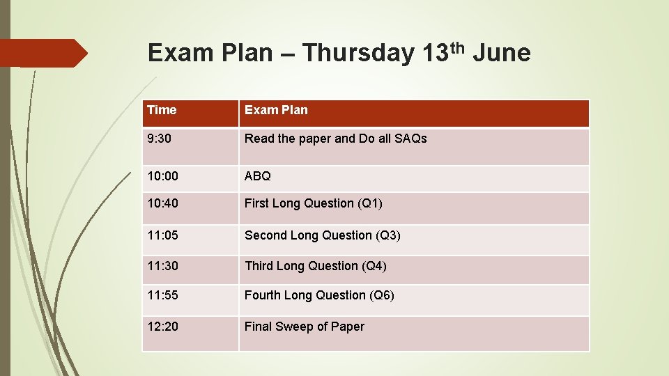 Exam Plan – Thursday 13 th June Time Exam Plan 9: 30 Read the
