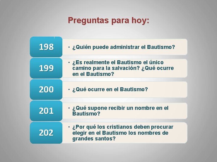 Preguntas para hoy: 198 • ¿Quién puede administrar el Bautismo? 199 • ¿Es realmente