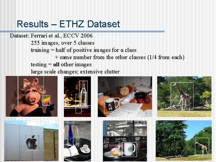 Results – ETHZ Dataset: Ferrari et al. , ECCV 2006 255 images, over 5 Results – ETHZ Dataset: Ferrari et al. , ECCV 2006 255 images, over 5