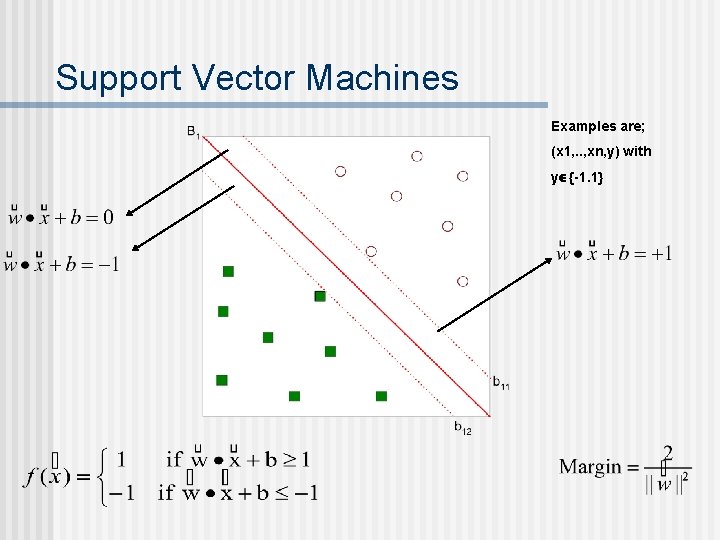 Support Vector Machines Examples are; (x 1, . . , xn, y) with y Support Vector Machines Examples are; (x 1, . . , xn, y) with y