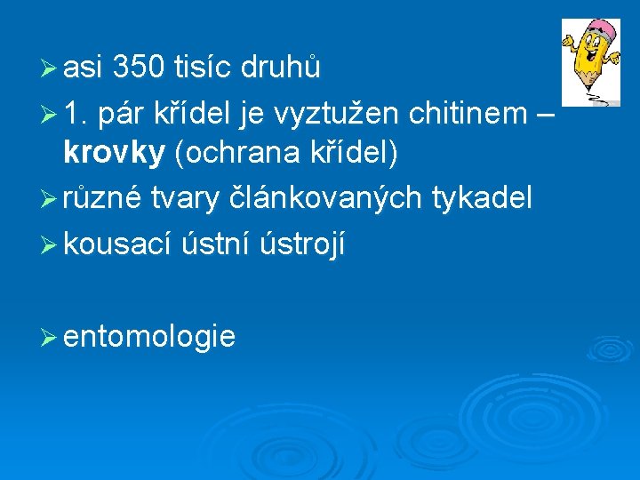 Ø asi 350 tisíc druhů Ø 1. pár křídel je vyztužen chitinem – krovky