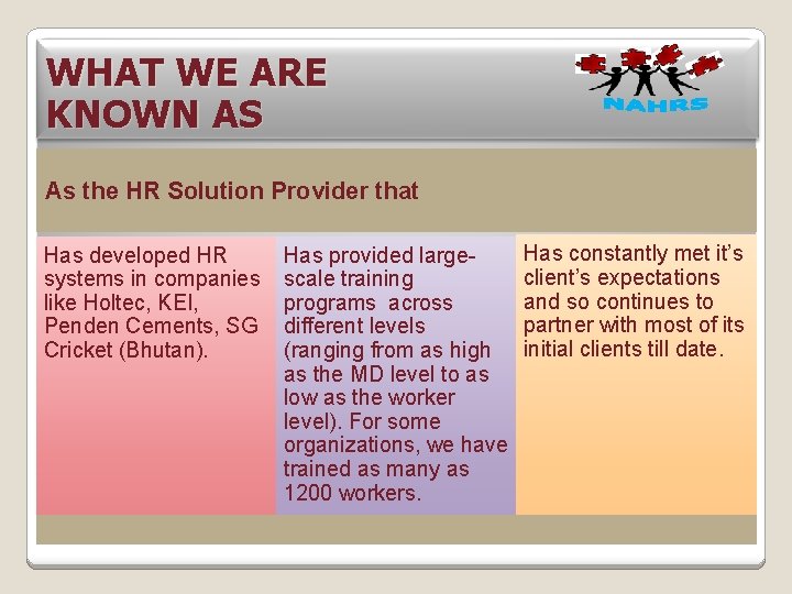 WHAT WE ARE KNOWN AS As the HR Solution Provider that Has developed HR