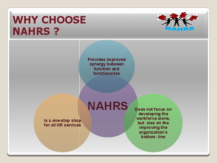 WHY CHOOSE NAHRS ? Provides improved synergy between function and functionaries NAHRS Is a