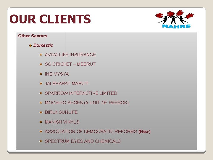 OUR CLIENTS Other Sectors Domestic AVIVA LIFE INSURANCE SG CRICKET – MEERUT ING VYSYA