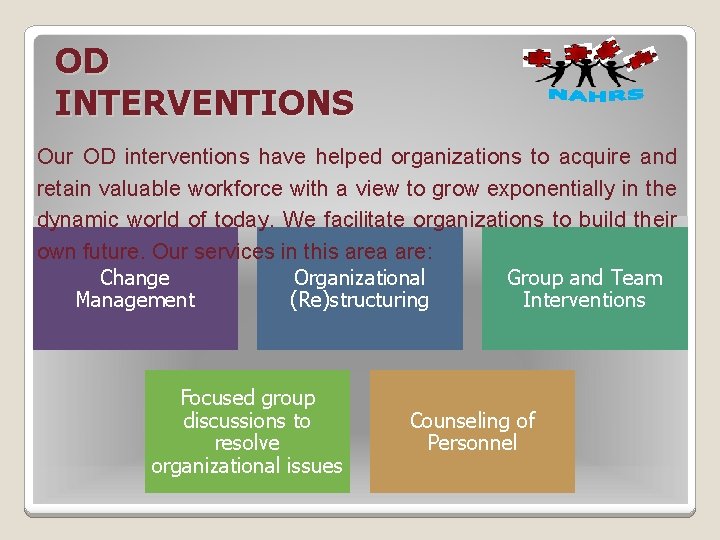 OD INTERVENTIONS Our OD interventions have helped organizations to acquire and retain valuable workforce