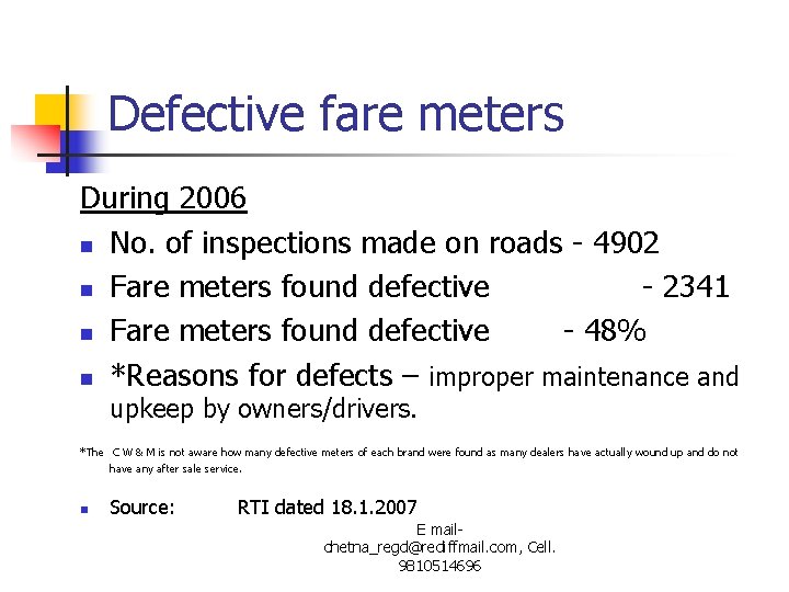 Defective fare meters During 2006 n No. of inspections made on roads - 4902