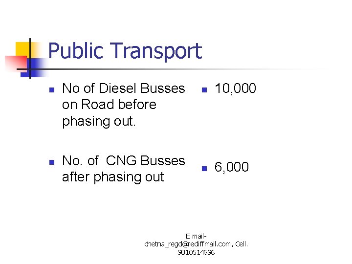 Public Transport n n No of Diesel Busses on Road before phasing out. No.