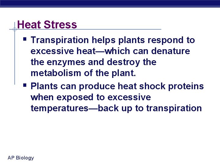 Heat Stress § Transpiration helps plants respond to § excessive heat—which can denature the
