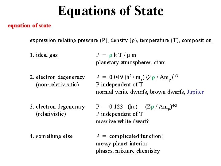 Equations of State equation of state expression relating pressure (P), density (ρ), temperature (T),