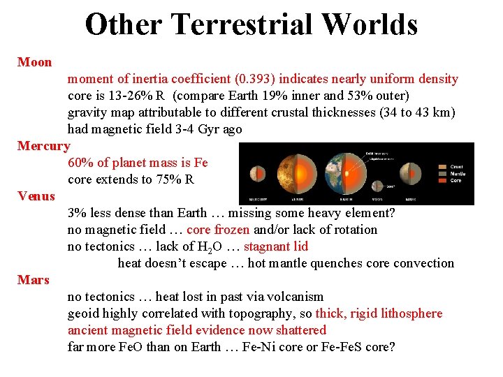 Other Terrestrial Worlds Moon moment of inertia coefficient (0. 393) indicates nearly uniform density