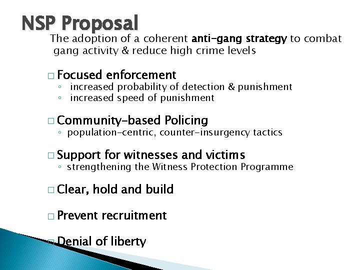 NSP Proposal The adoption of a coherent anti-gang strategy to combat gang activity &