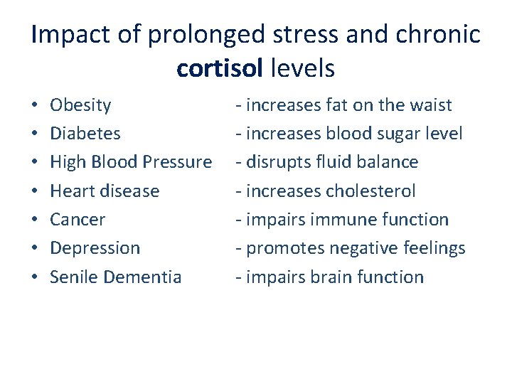 Impact of prolonged stress and chronic cortisol levels • • Obesity Diabetes High Blood