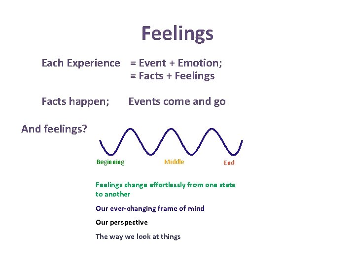 Feelings Each Experience = Event + Emotion; = Facts + Feelings Facts happen; Events