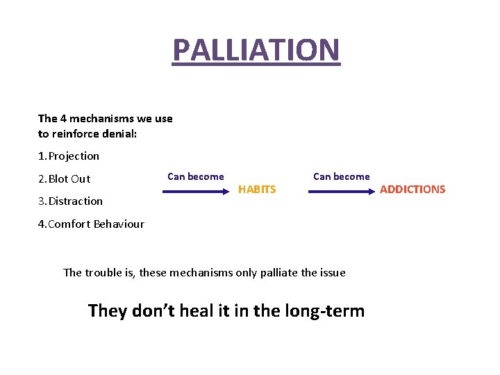 PALLIATION The 4 mechanisms we use to reinforce denial: 1. Projection 2. Blot Out