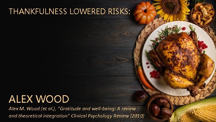 THANKFULNESS LOWERED RISKS: ALEX WOOD Alex M. Wood (et al. ), “Gratitude and well-being: