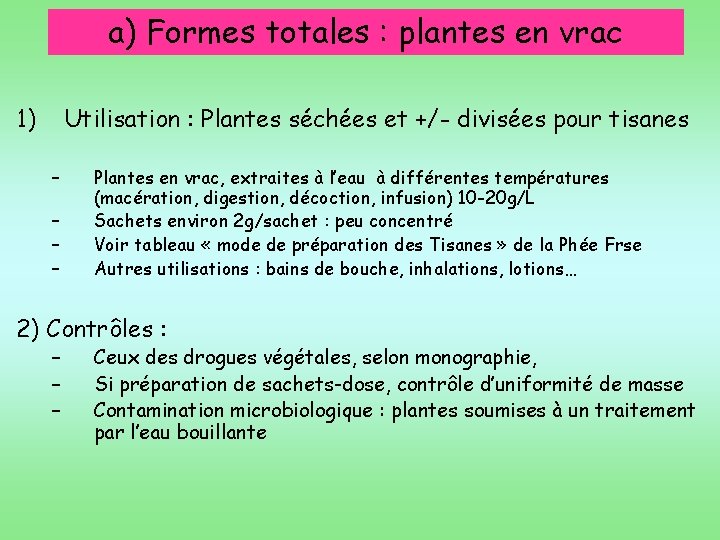 a) Formes totales : plantes en vrac 1) Utilisation : Plantes séchées et +/-